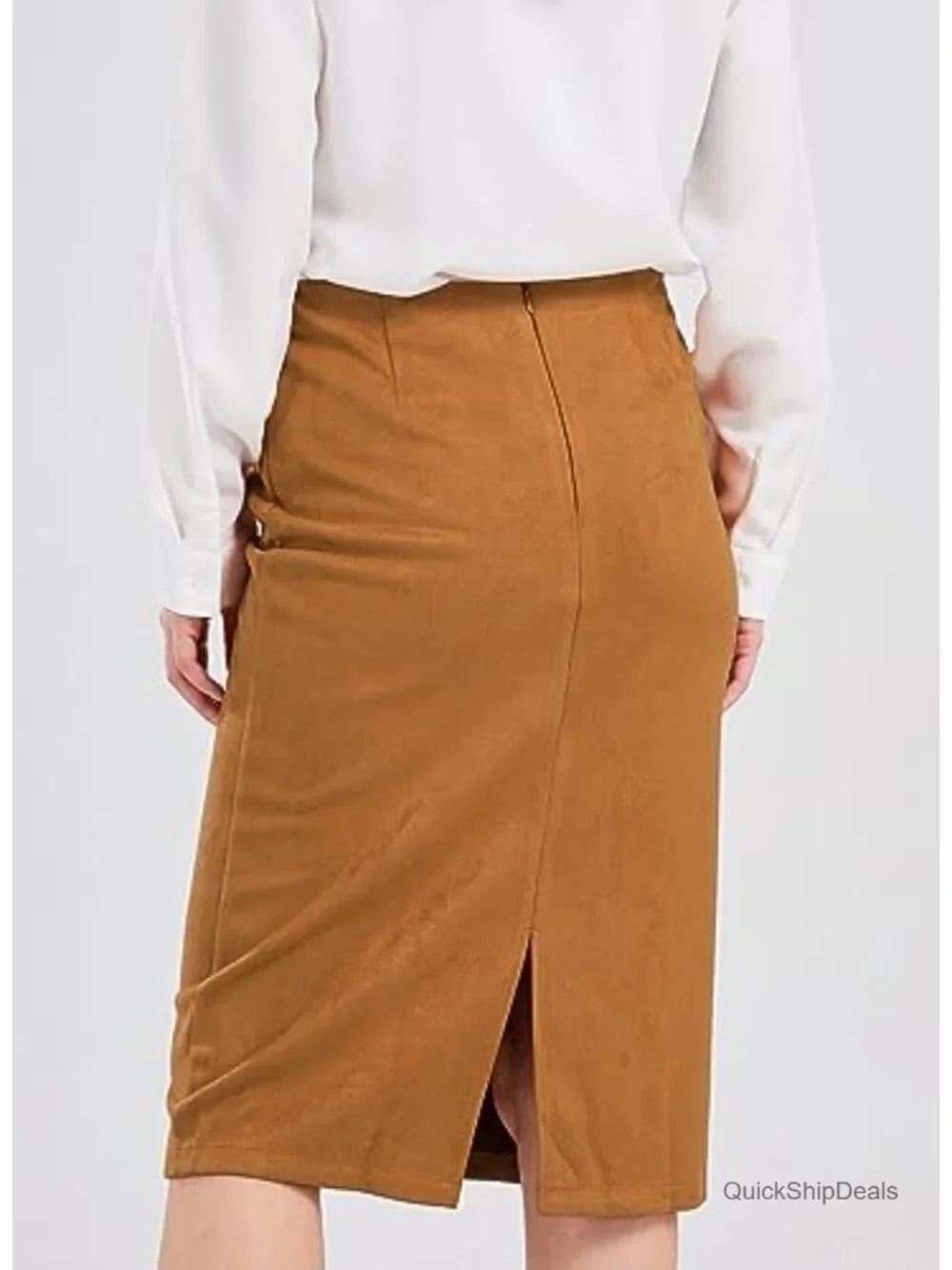 Women's Faux Suede High Waist Midi Pencil Skirt with Back Slit